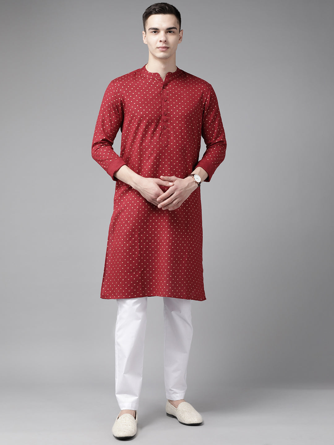Men Maroon and Gold Printed Straight Kurta with Pyjama1