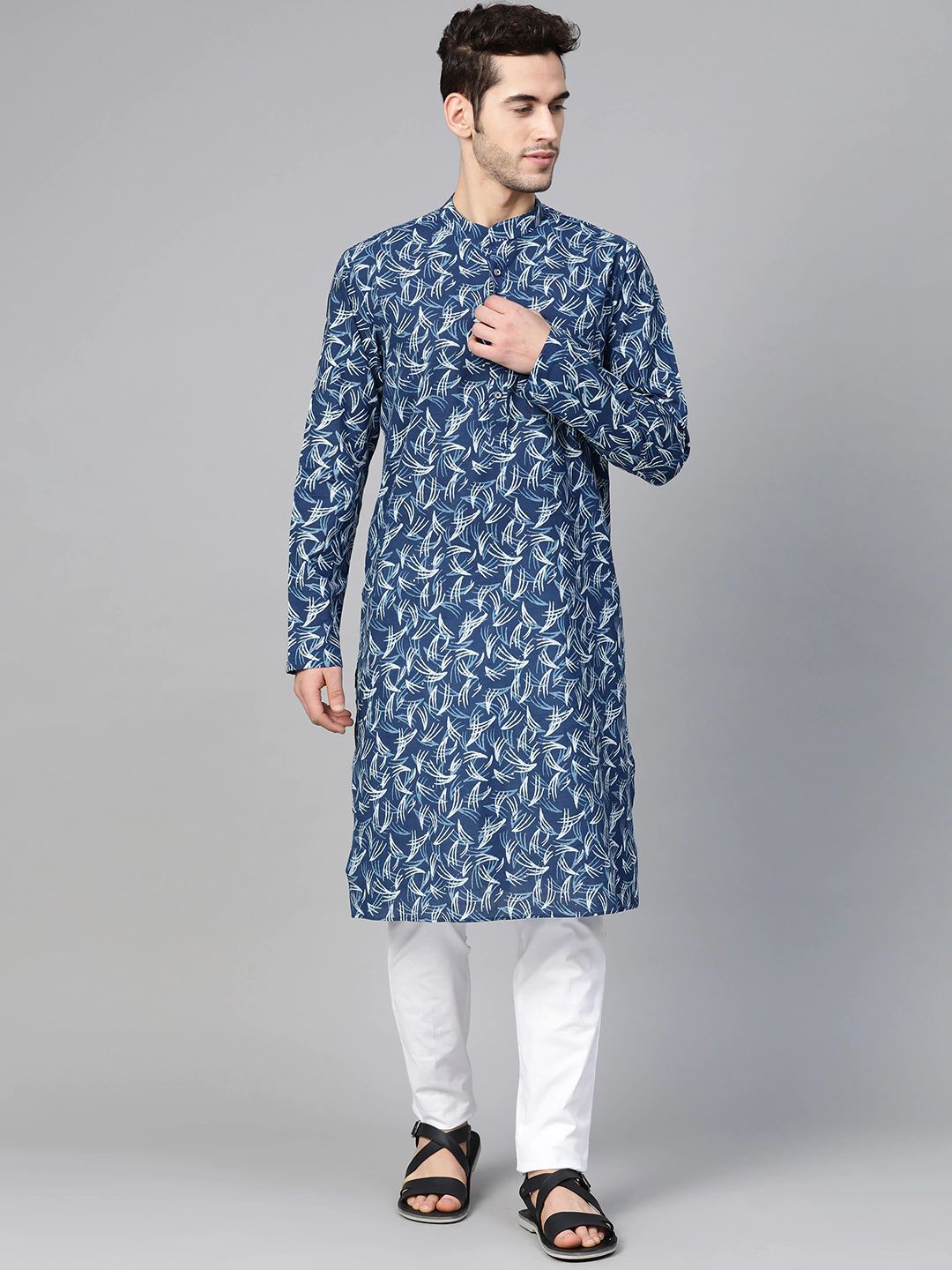 Blue Hand Block Printed straight kurta with Pyjama