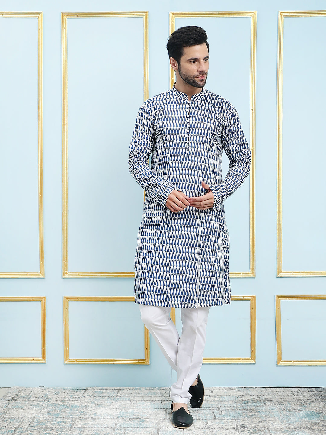 Blue Printed Pure Cotton New Design Straight Kurta With Pajama