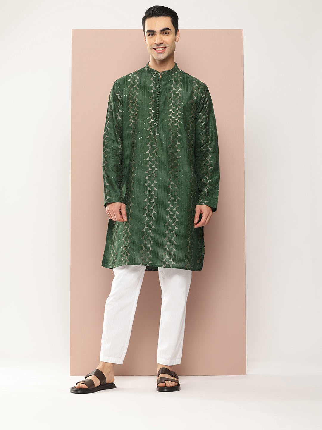 Men’s Green Chanderi Silk Kurta with Embroidery and Sequins, Paired with Pyjama