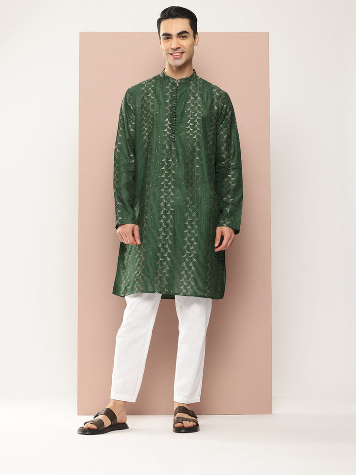 Men’s Green Chanderi Silk Kurta with Embroidery and Sequins, Paired with Pyjama