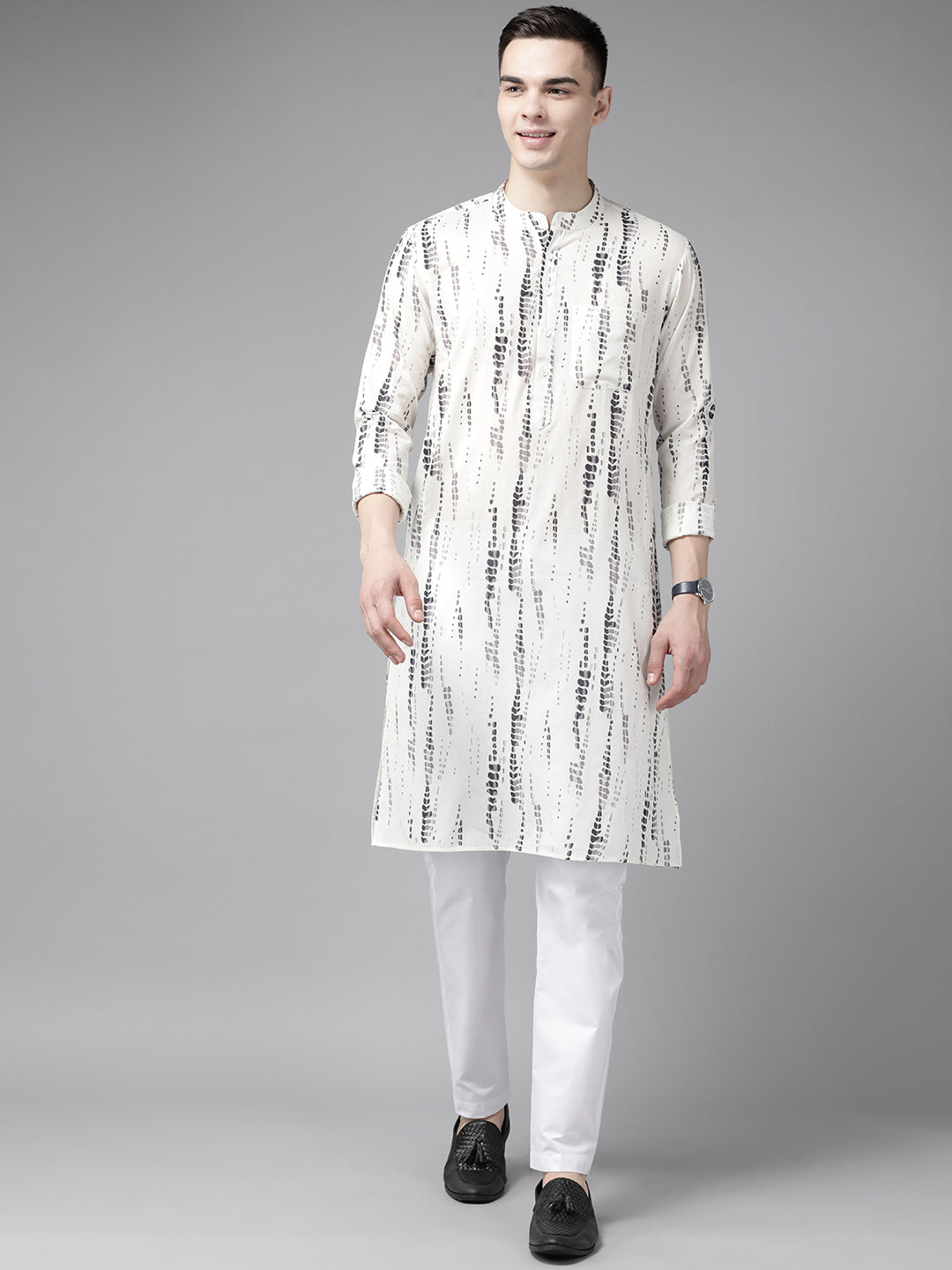Men White Multi Tie And Dye Print Design Straight Kurta With Pajama