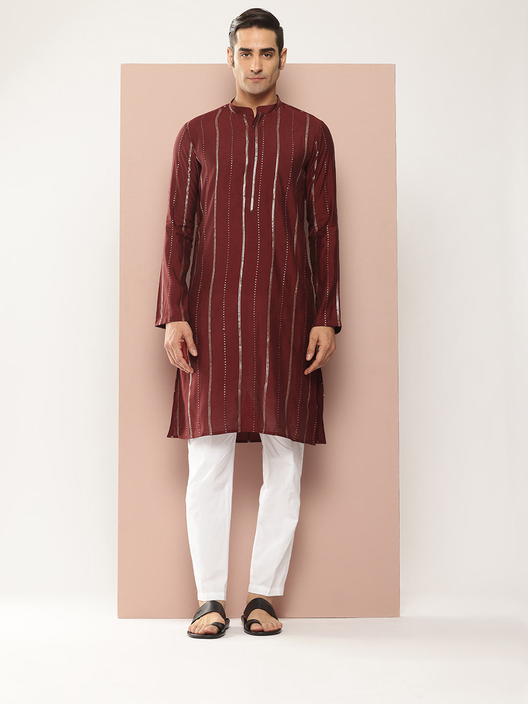 Men’s Maroon Chanderi Silk Kurta with Embroidery and Sequins, Paired with Pyjama