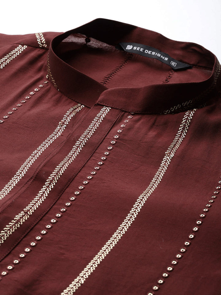 Men’s Maroon Chanderi Silk Kurta with Embroidery and Sequins, Paired with Pyjama