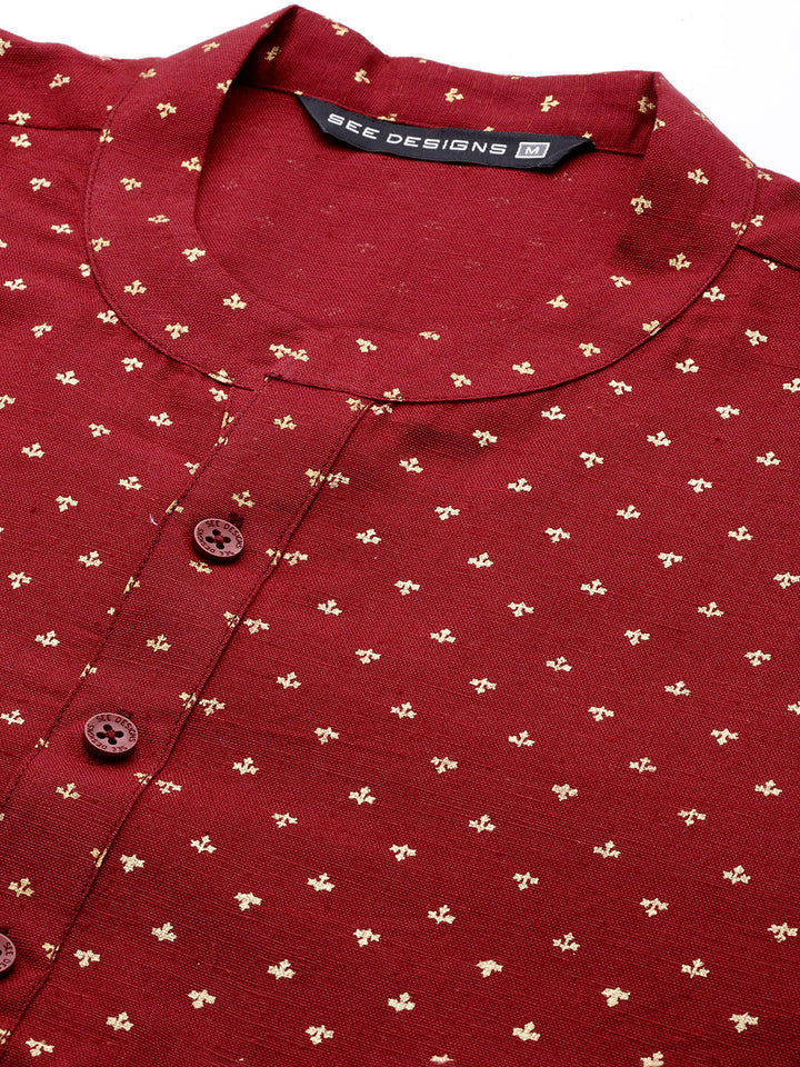 Men Maroon and Gold Printed Straight Kurta with Pyjama2