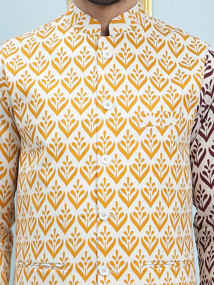Printed Pure Cotton Straight Kurta & Pyjama with Printed Nehru Jacket