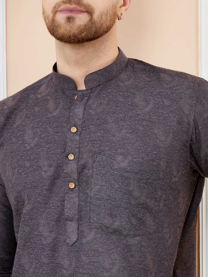 Black Ethnic Motifs Silk Floral Design Straight Kurta with Pyjama