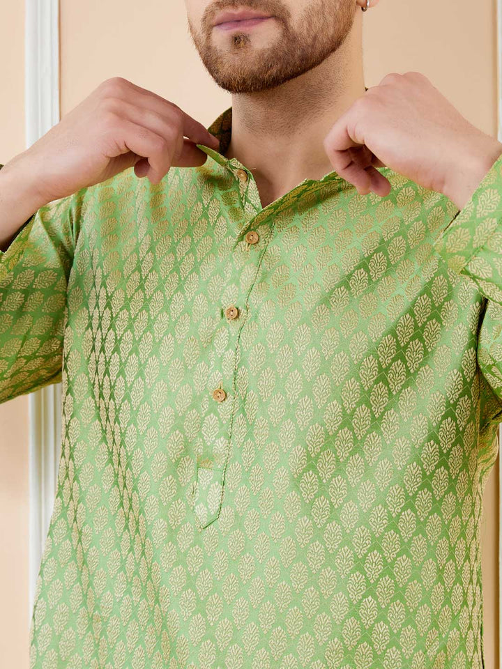 Green Ethnic Motifs Silk Jacquard Woven Design Straight Kurta with Pyjama