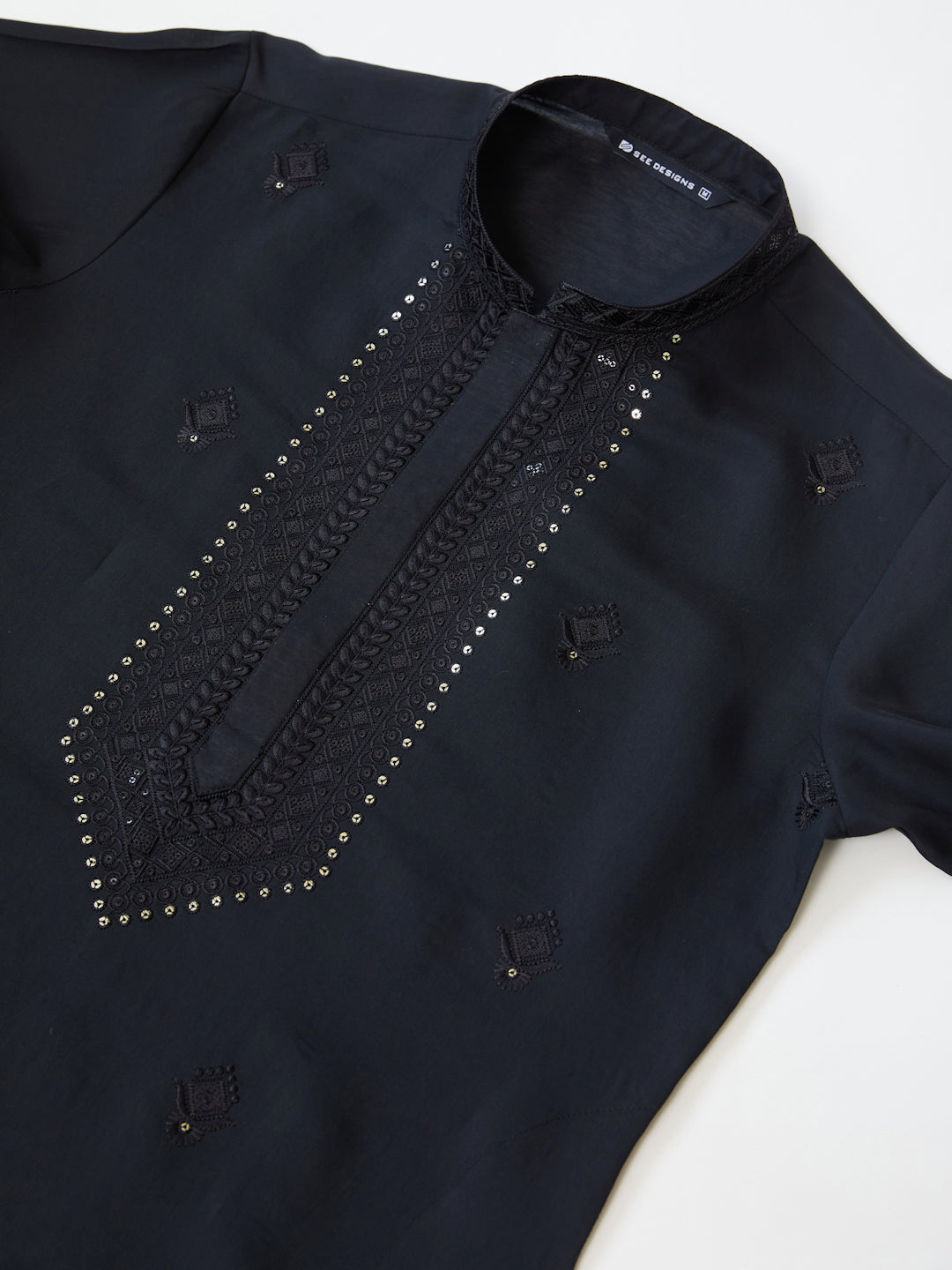 Black Embroidered Chanderi Silk Straight Kurta with Pyjama