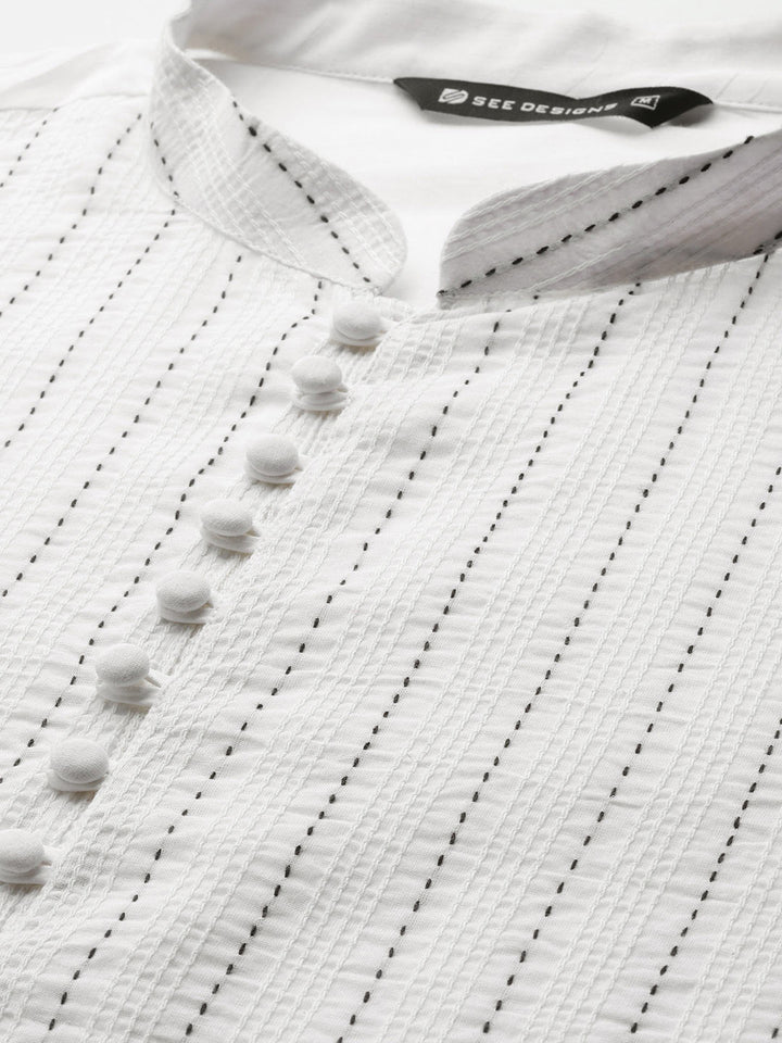 Men’s White Cotton Kurta with Thread Work, Paired with Pyjama