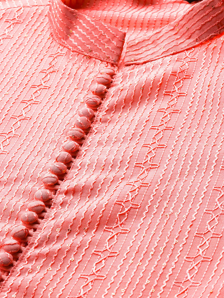 Men’s Pink Chanderi Silk Kurta with Embroidery and Sequins, Paired with Pyjama
