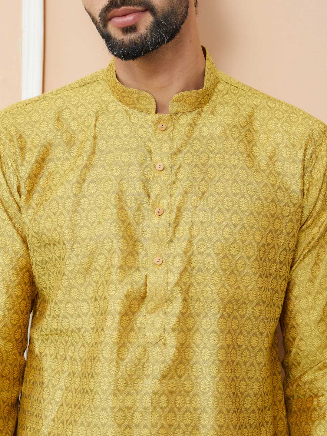 Yellow Ethnic Motifs Silk Jacquard Woven Design Straight Kurta with Pyjama