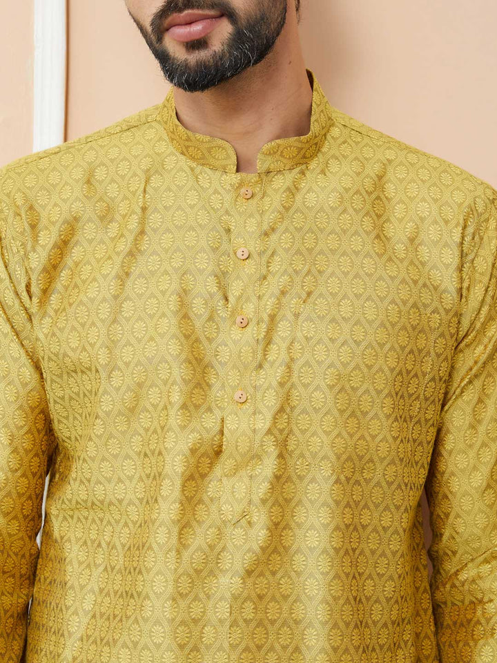 Yellow Ethnic Motifs Silk Jacquard Woven Design Straight Kurta with Pyjama
