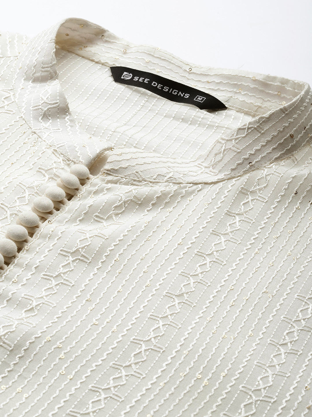 Men’s Off White Chanderi Silk Kurta with Embroidery and Sequins, Paired with Pyjama