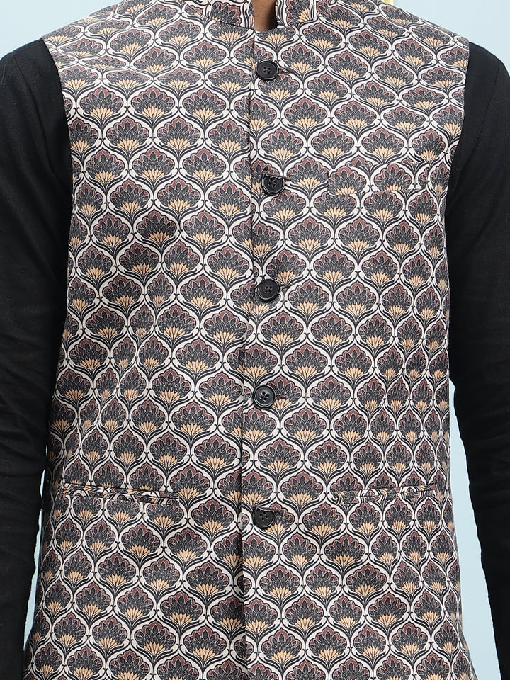 Pure Cotton Straight Kurta & Pyjama Set with Printed Cotton Nehru Jacket