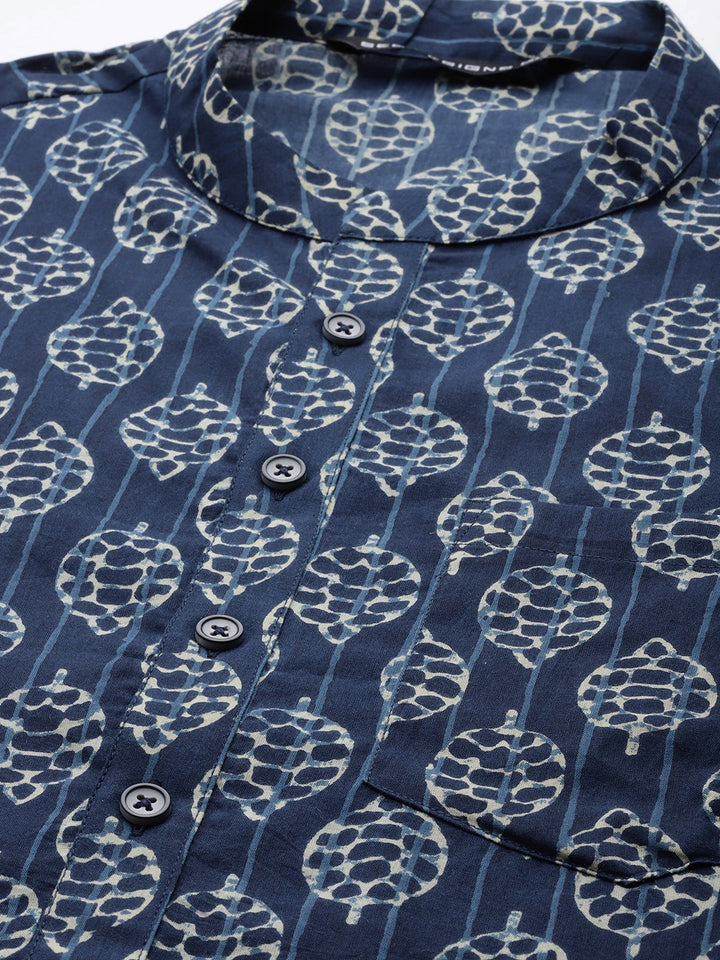 Blue and Beige Printed Straight kurta with pyjama