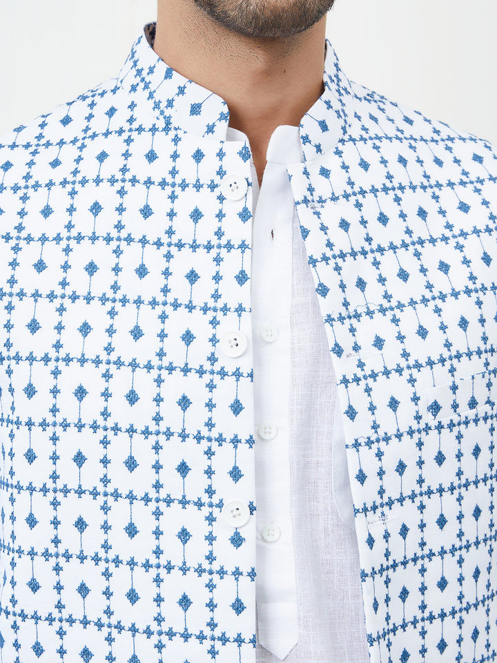 Pure Cotton Straight Kurta & Pyjama with Embroidered Nehru Jacket