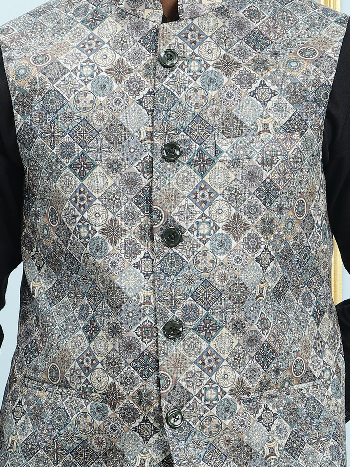 Pure Cotton Straight Kurta & Pyjama Set with Printed Cotton Nehru Jacket
