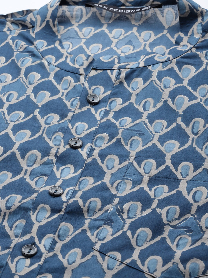 Blue Printed Straight Kurta Design