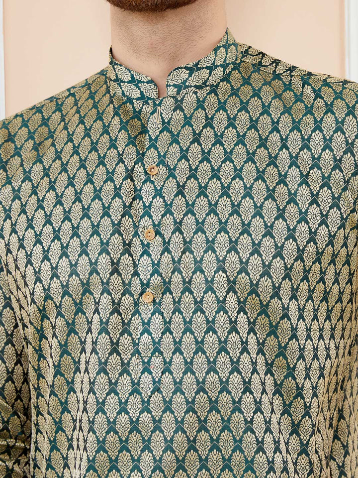 Green Ethnic Motifs Silk Jacquard Woven Design Straight Kurta with Pyjama