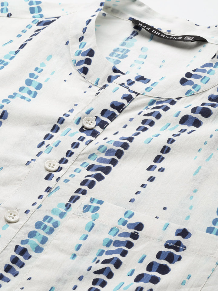 White & Blue Tie and dye Print Design Straight Kurta