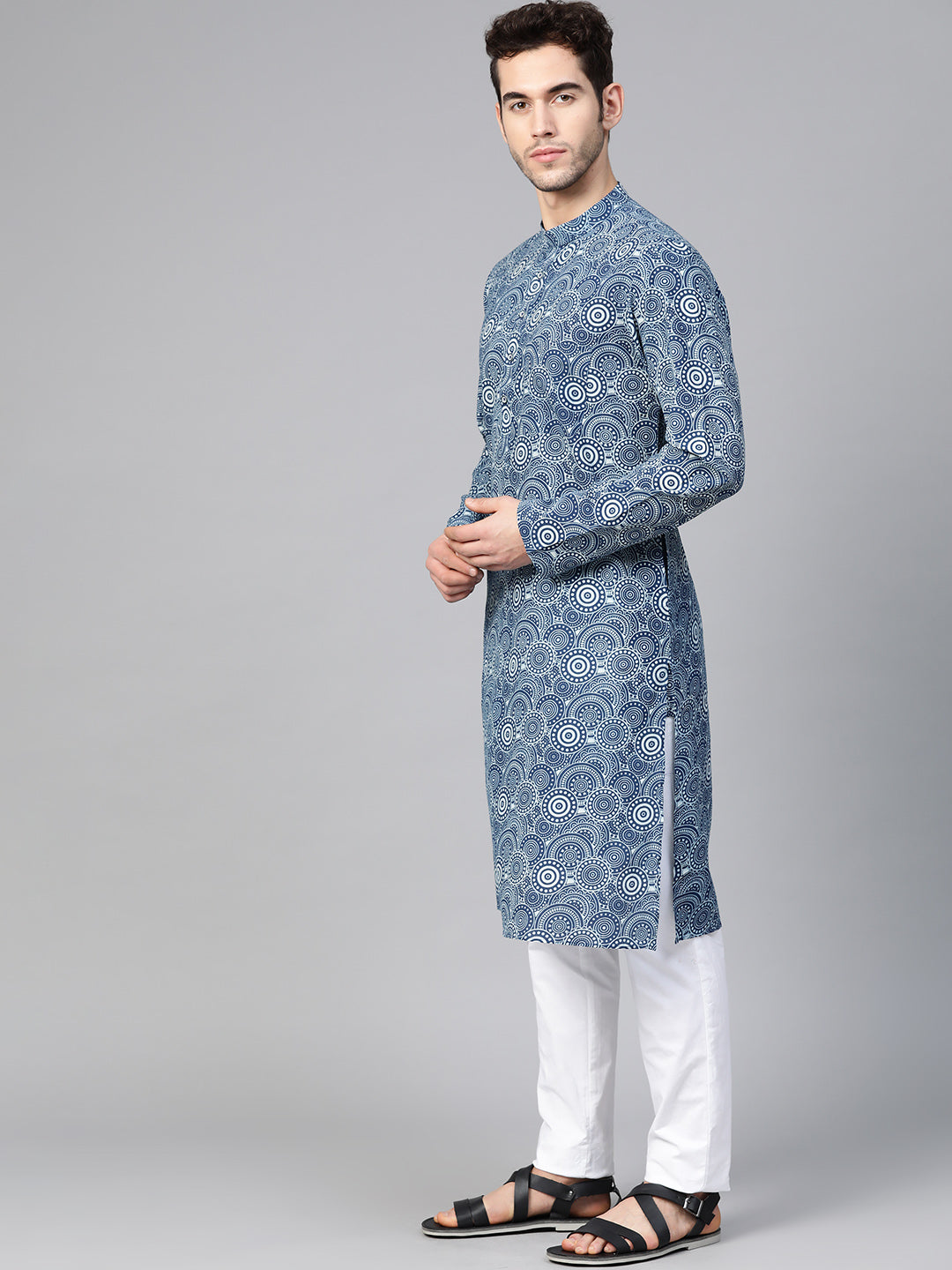 Blue Floral Pattern Printed straight Sustainable Kurta with Pyjama
