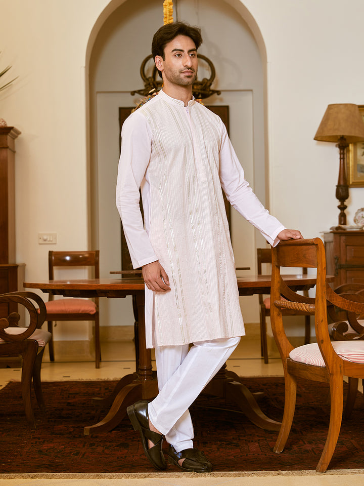 Gota Strips and Sequins Embroidered Pure Cotton Straight Kurta with Pyjama