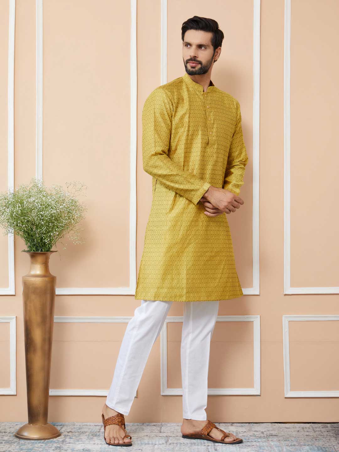 Yellow Ethnic Motifs Silk Jacquard Woven Design Straight Kurta with Pyjama