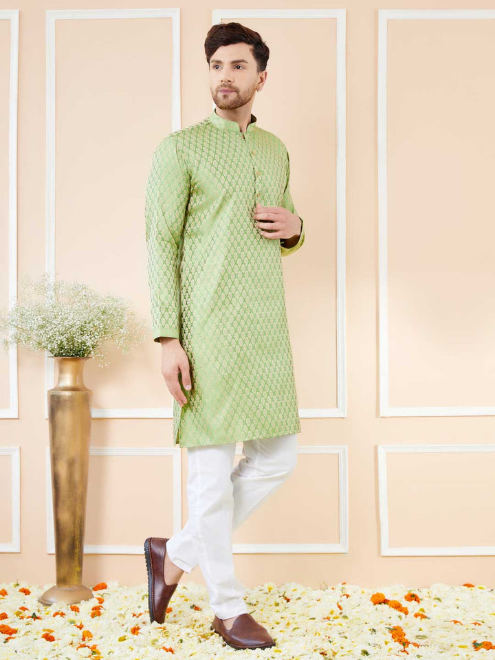 Green Ethnic Motifs Silk Jacquard Woven Design Straight Kurta with Pyjama