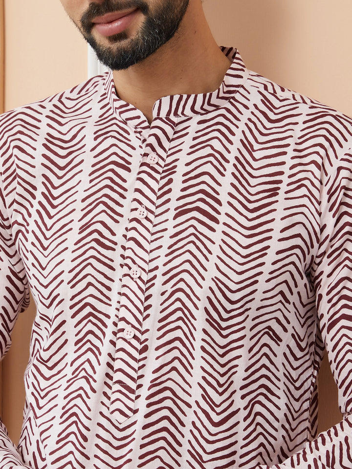 Baby Pink-Brown Printed Pure Cotton Straight Kurta with Pyjama