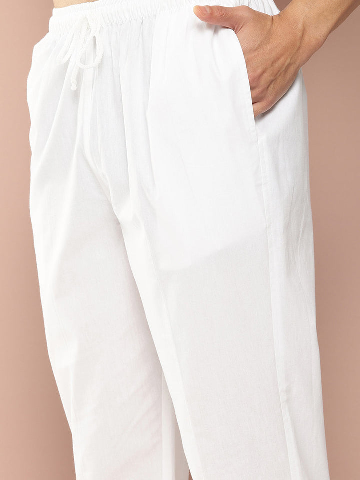 Men’s White Cotton Kurta with Thread Work, Paired with Pyjama