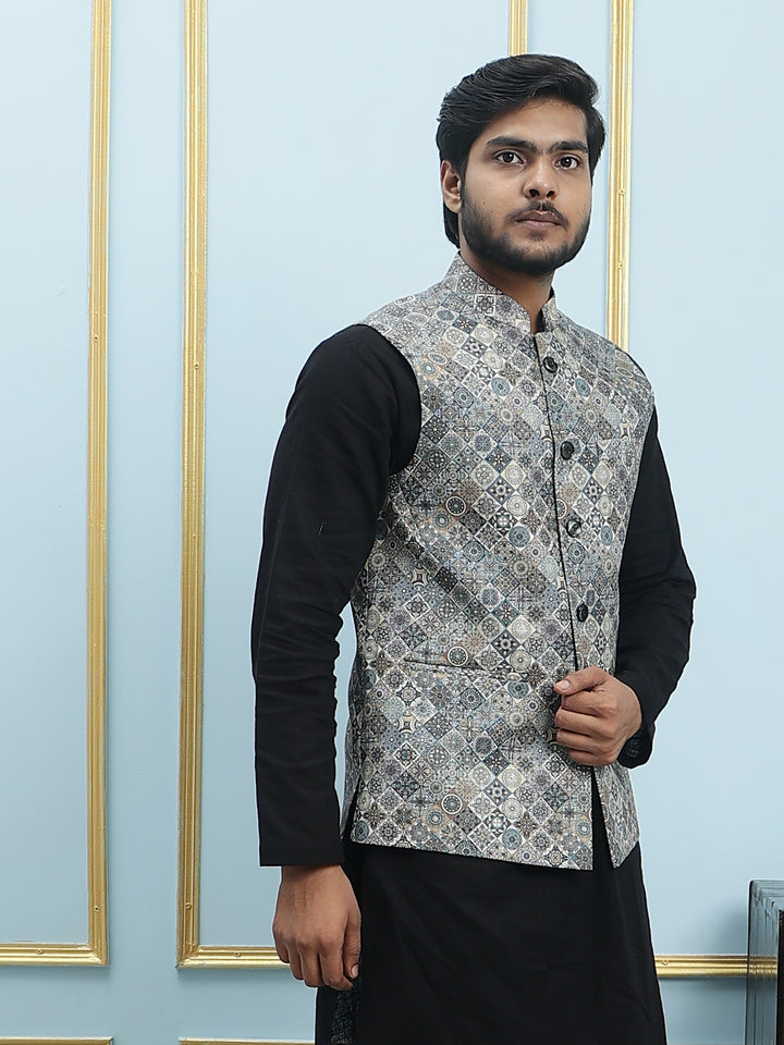Pure Cotton Straight Kurta & Pyjama Set with Printed Cotton Nehru Jacket
