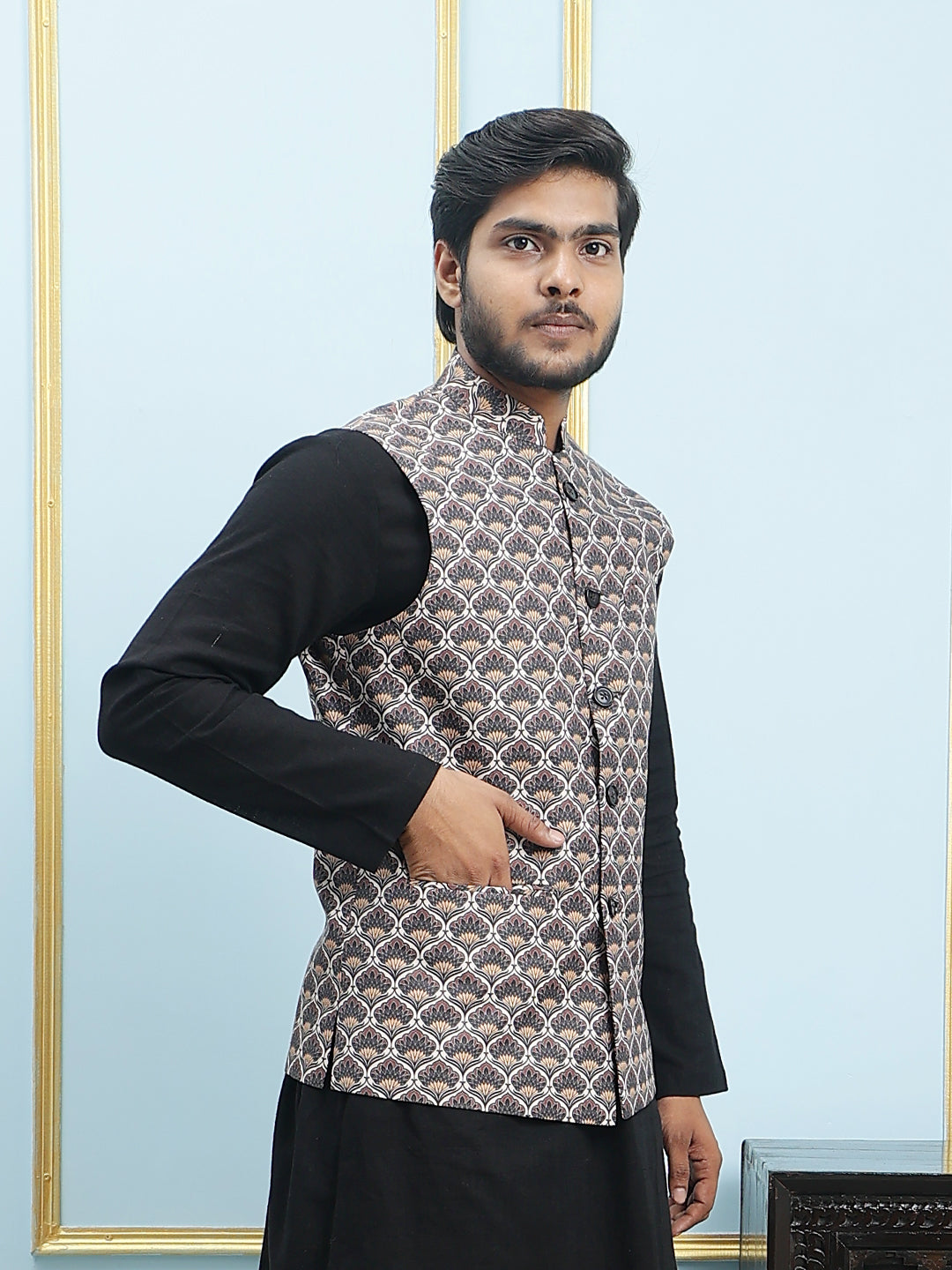 Black Printed Nehru Jacket: Stylish Men's Ethnic Wear – See Designs