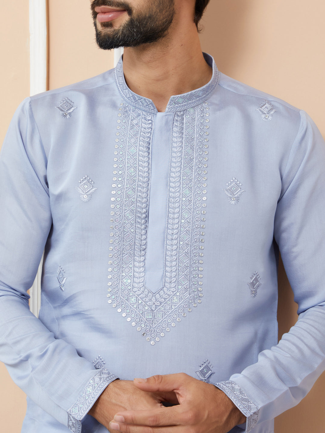 Pastel Blue Embroidered Chanderi Silk Straight Kurta with Pyjama