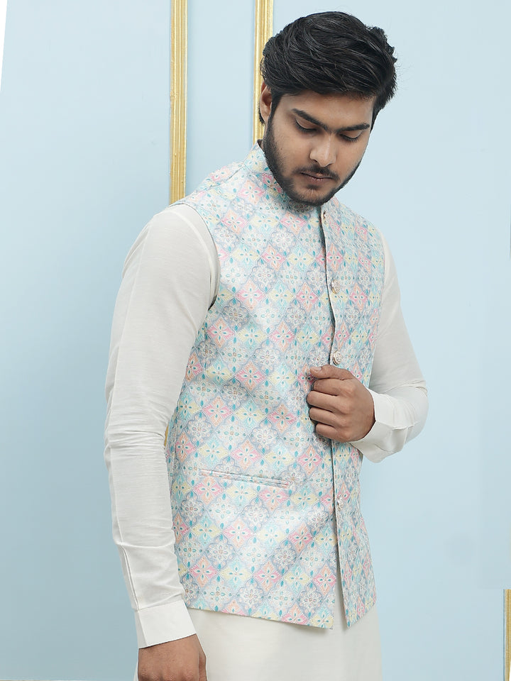 Pure Silk Kurta & Pyjama with Sequins Embroidered Nehru Jacket
