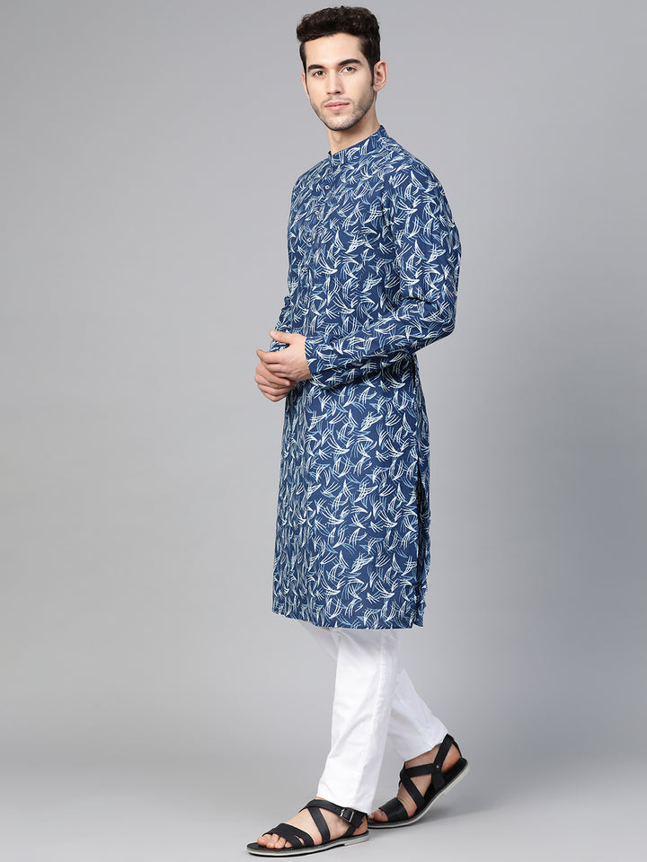 Blue Hand Block Printed straight kurta with Pyjama