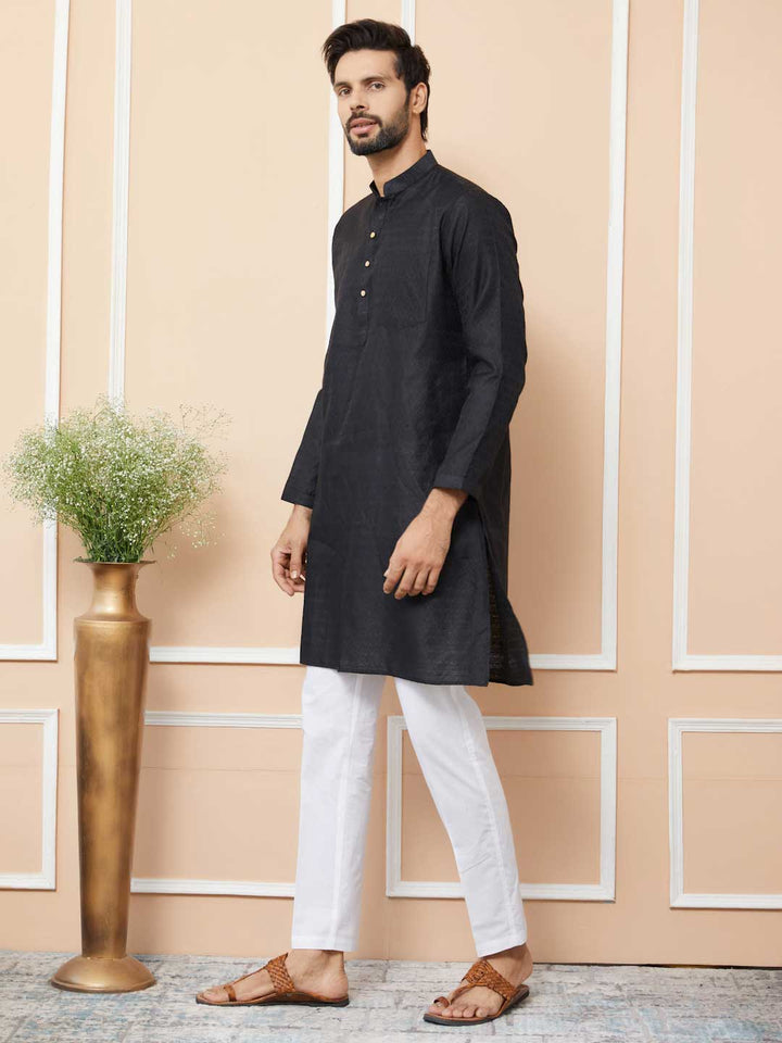 Ethnic Motifs Silk Jacquard Black Straight Kurta With Pajama For Men