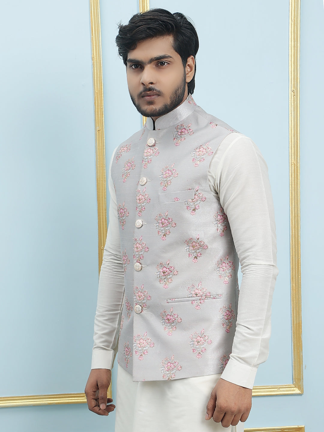 Men'S Grey Sequins And Embroidered Nehru Jacket