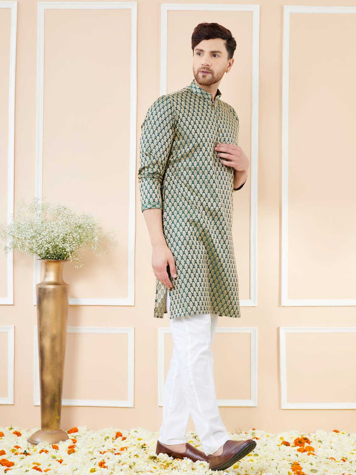 Green Ethnic Motifs Silk Jacquard Woven Design Straight Kurta with Pyjama