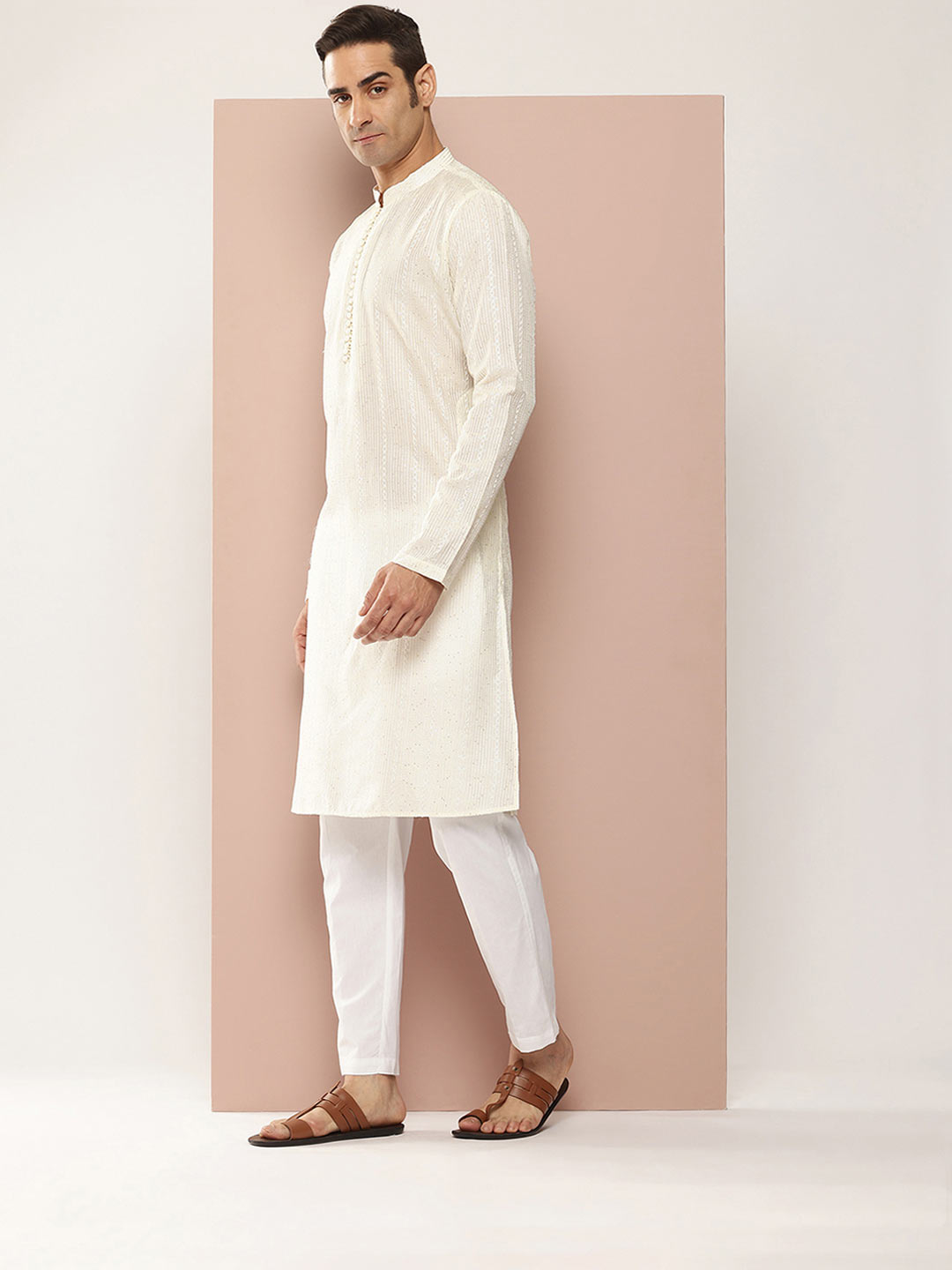 Men’s Off White Chanderi Silk Kurta with Embroidery and Sequins, Paired with Pyjama