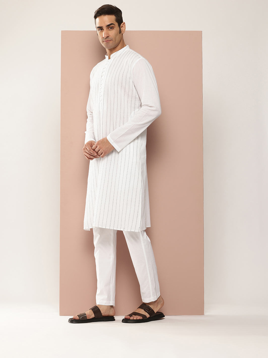 Men’s White Cotton Kurta with Thread Work, Paired with Pyjama