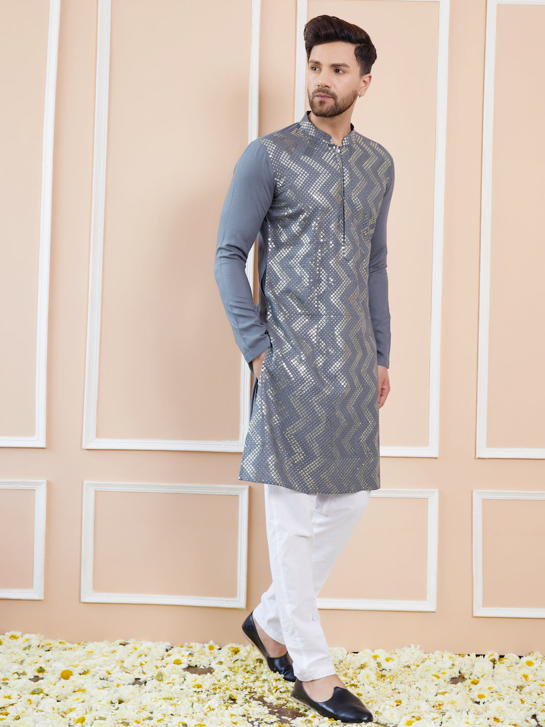 Grey Embroidered Rayon Straight Kurta with Pyjama