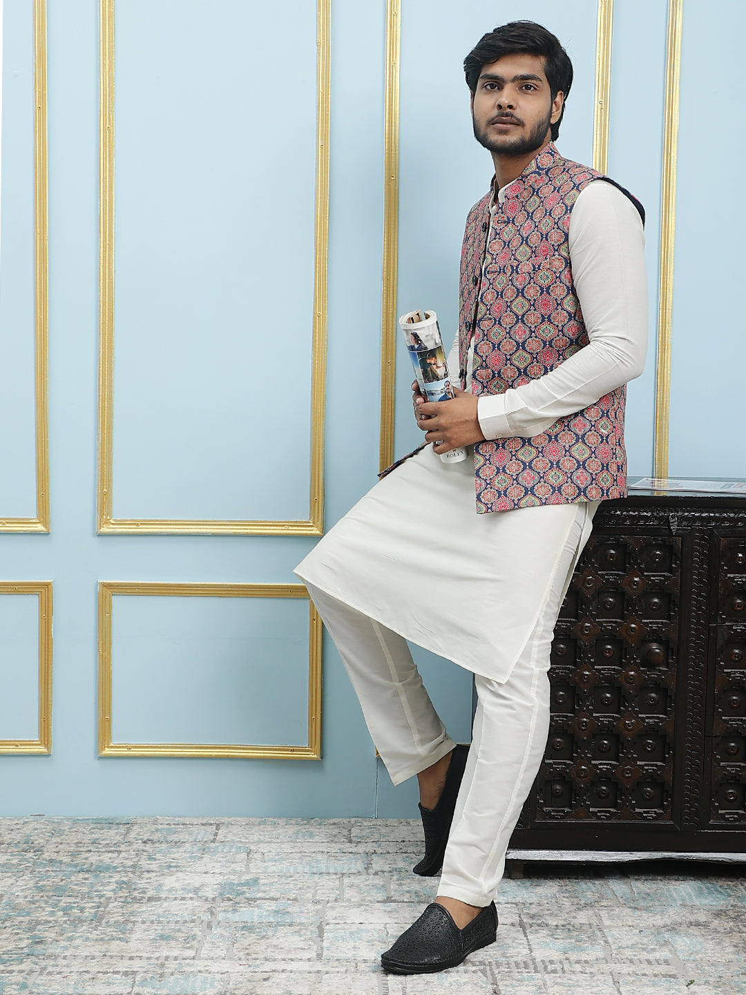 Pure Silk Straight Kurta & Pyjama Set with Printed Cotton Nehru Jacket
