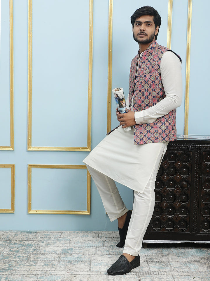 Pure Silk Straight Kurta & Pyjama Set with Printed Cotton Nehru Jacket