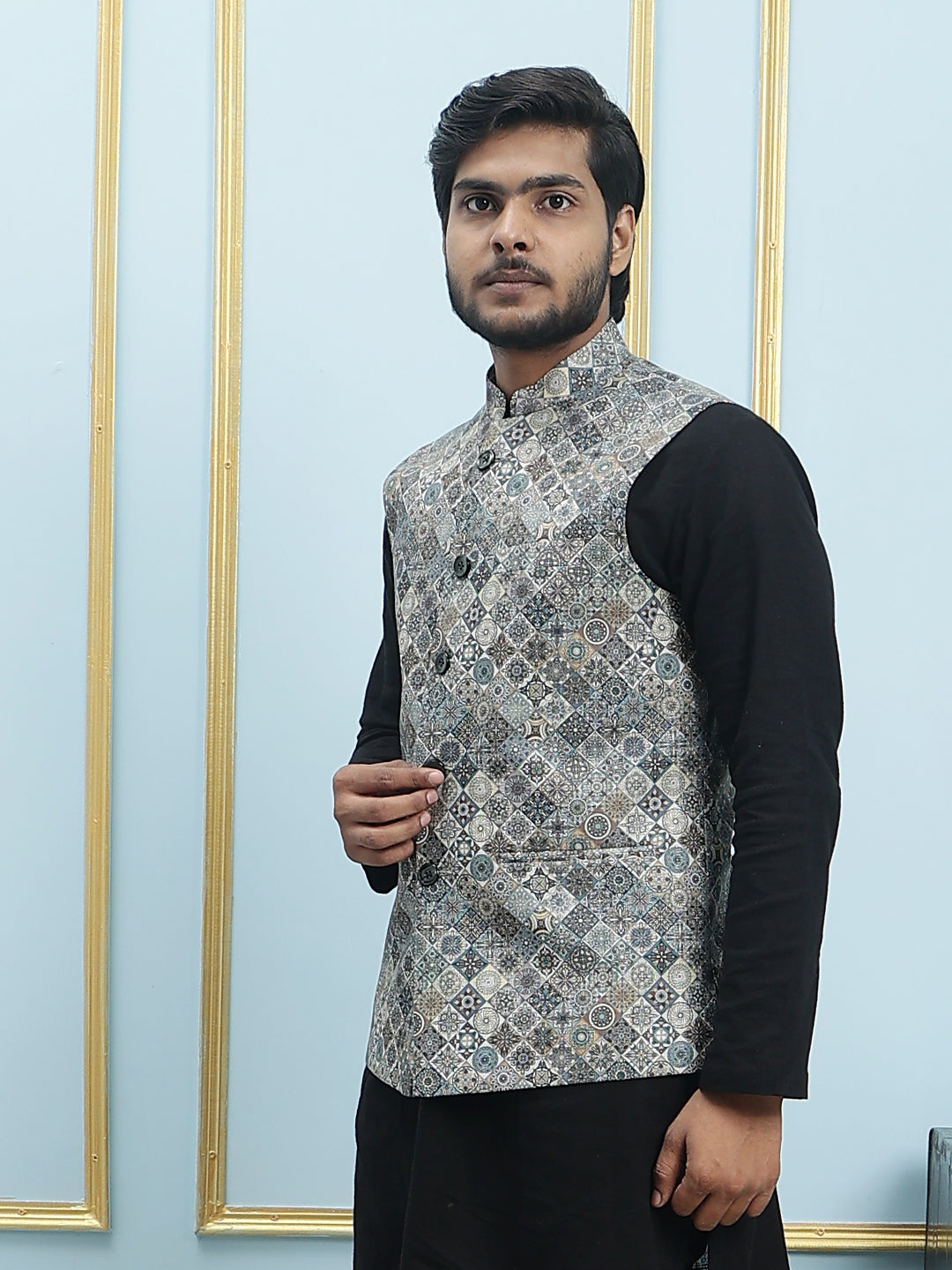 Pure Cotton Straight Kurta & Pyjama Set with Printed Cotton Nehru Jacket