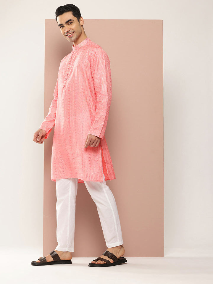 Men’s Pink Chanderi Silk Kurta with Embroidery and Sequins, Paired with Pyjama