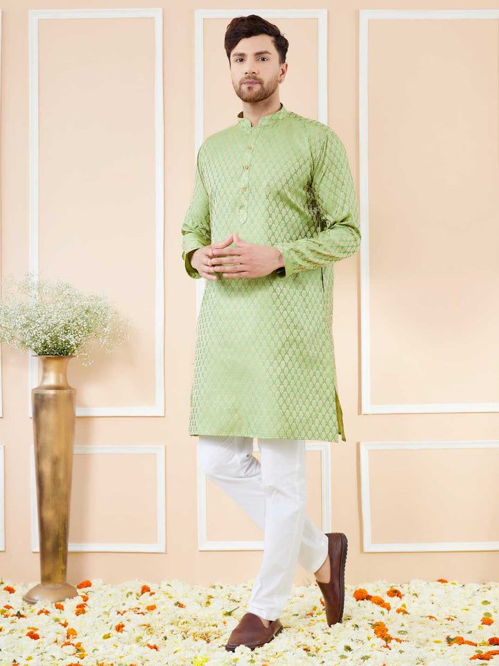 Green Ethnic Motifs Silk Jacquard Woven Design Straight Kurta with Pyjama