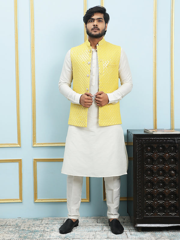 Pure Silk Kurta & Pyjama with Sequins Embroidered Nehru Jacket – Yellow