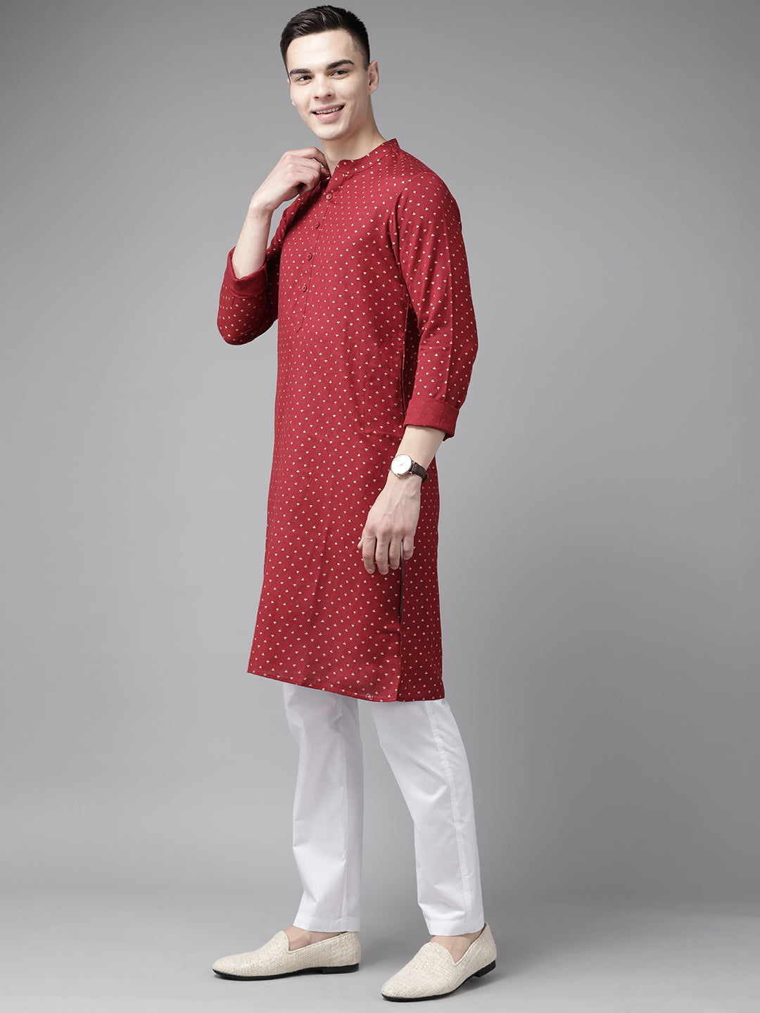 Men Maroon and Gold Printed Straight Kurta with Pyjama4