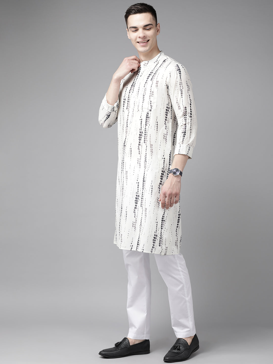 White & Grey Tie and Dye Print Design Straight Kurta with pajama